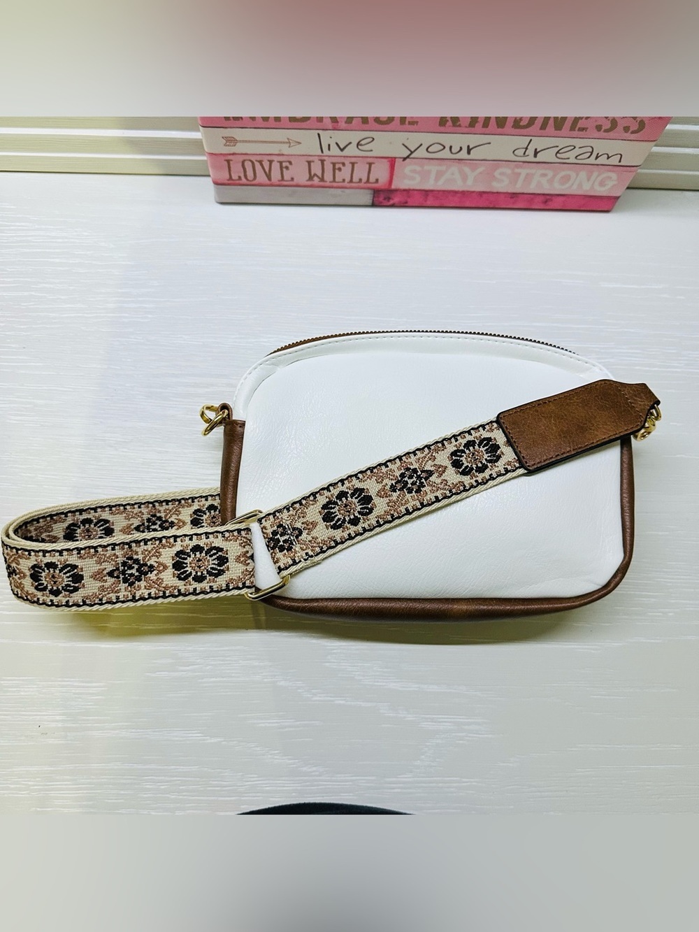 Women's White and Brown Crossbody Bag with Floral Jacquard Strap